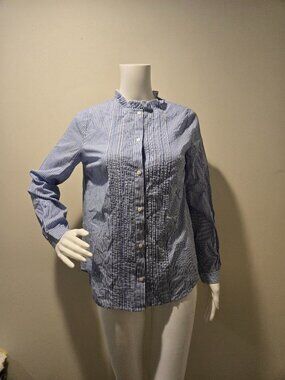J Crew Ruffleneck Tuxedo Button Down Shirt Striped Cotton Poplin Blue White XS